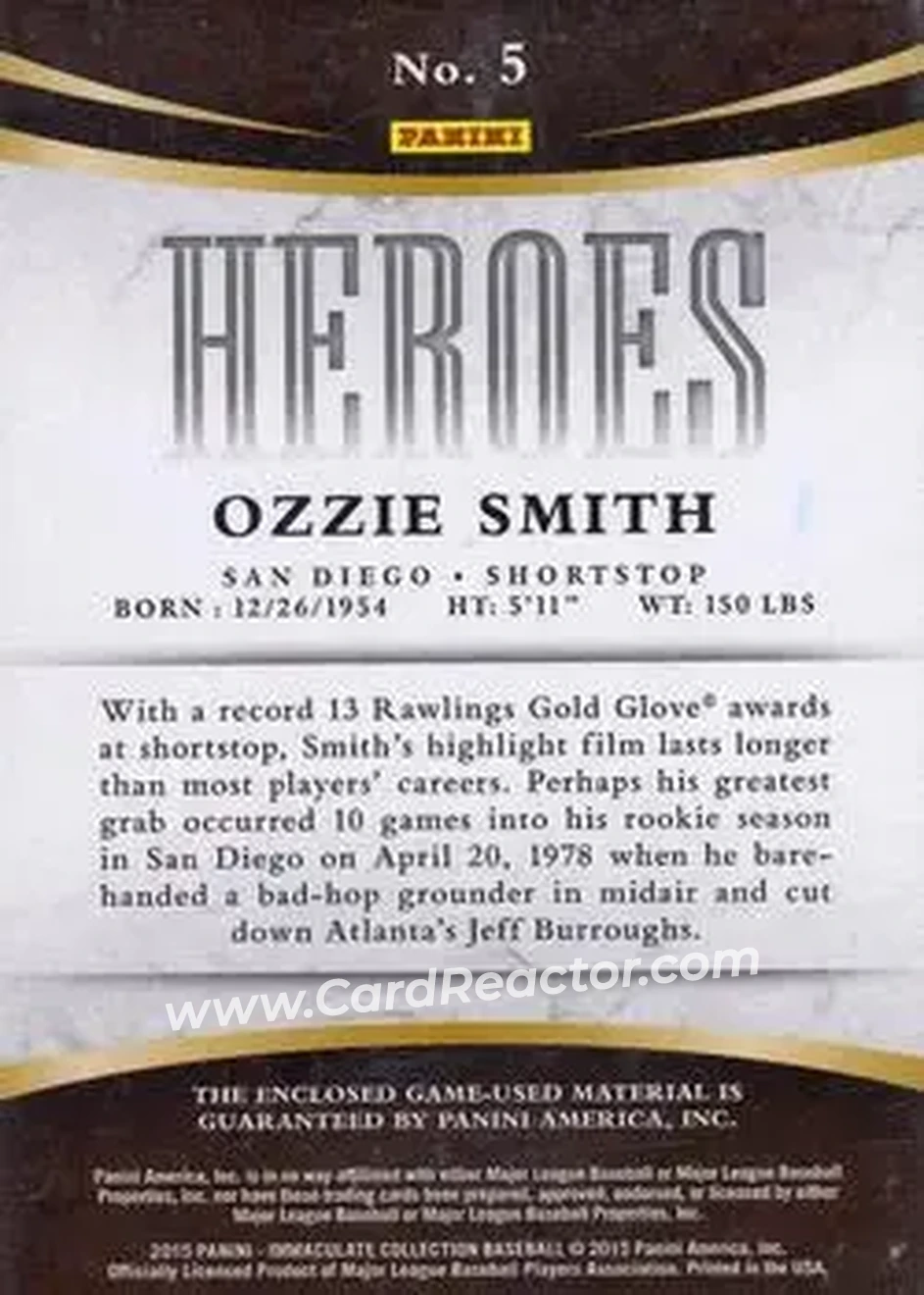 2015 Panini Immaculate Collection - Immaculate Heroes Materials #5 - Ozzie Smith - St. Louis Cardinals - Back