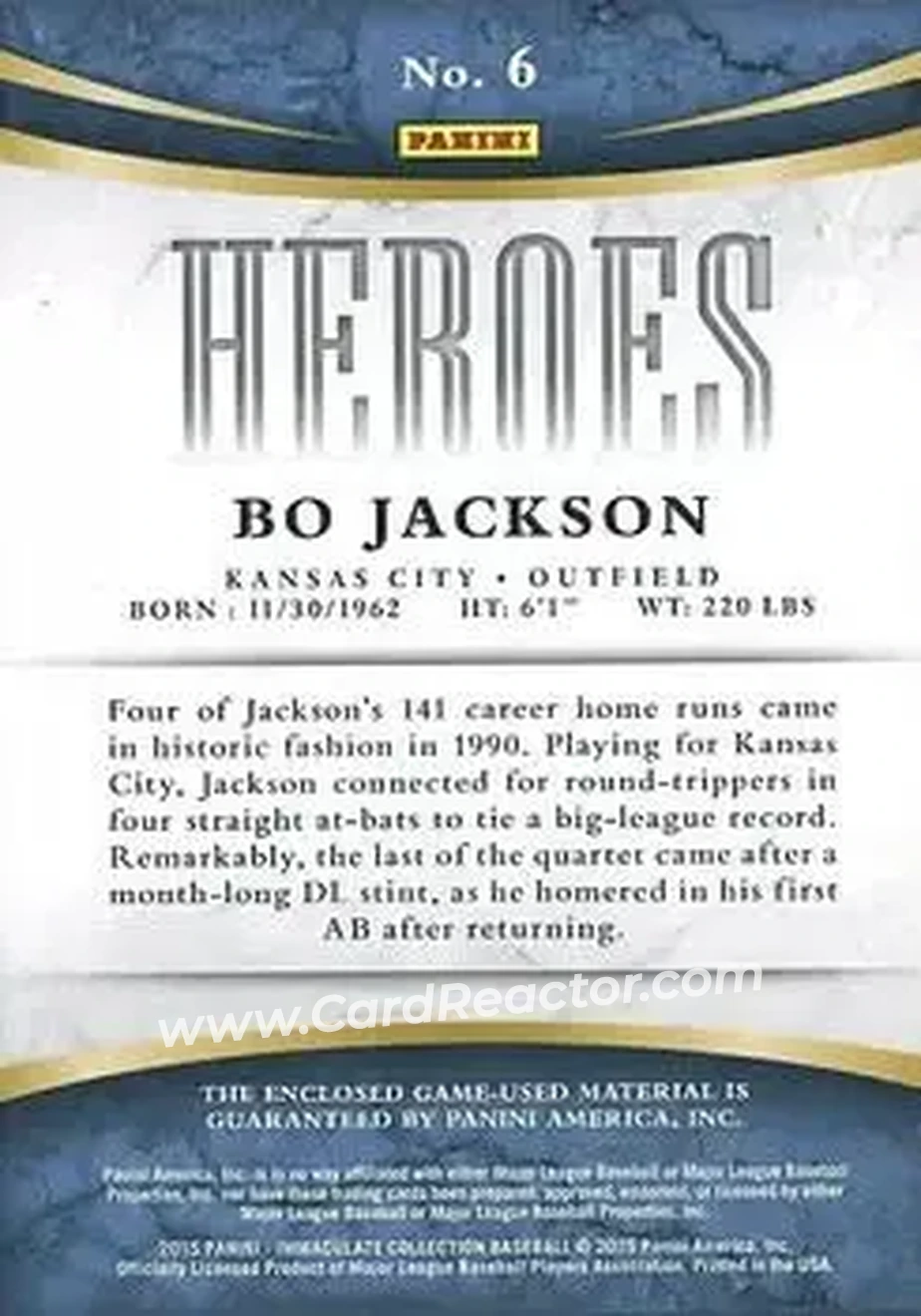 2015 Panini Immaculate Collection - Immaculate Heroes Materials #6 - Bo Jackson - Kansas City Royals - Back