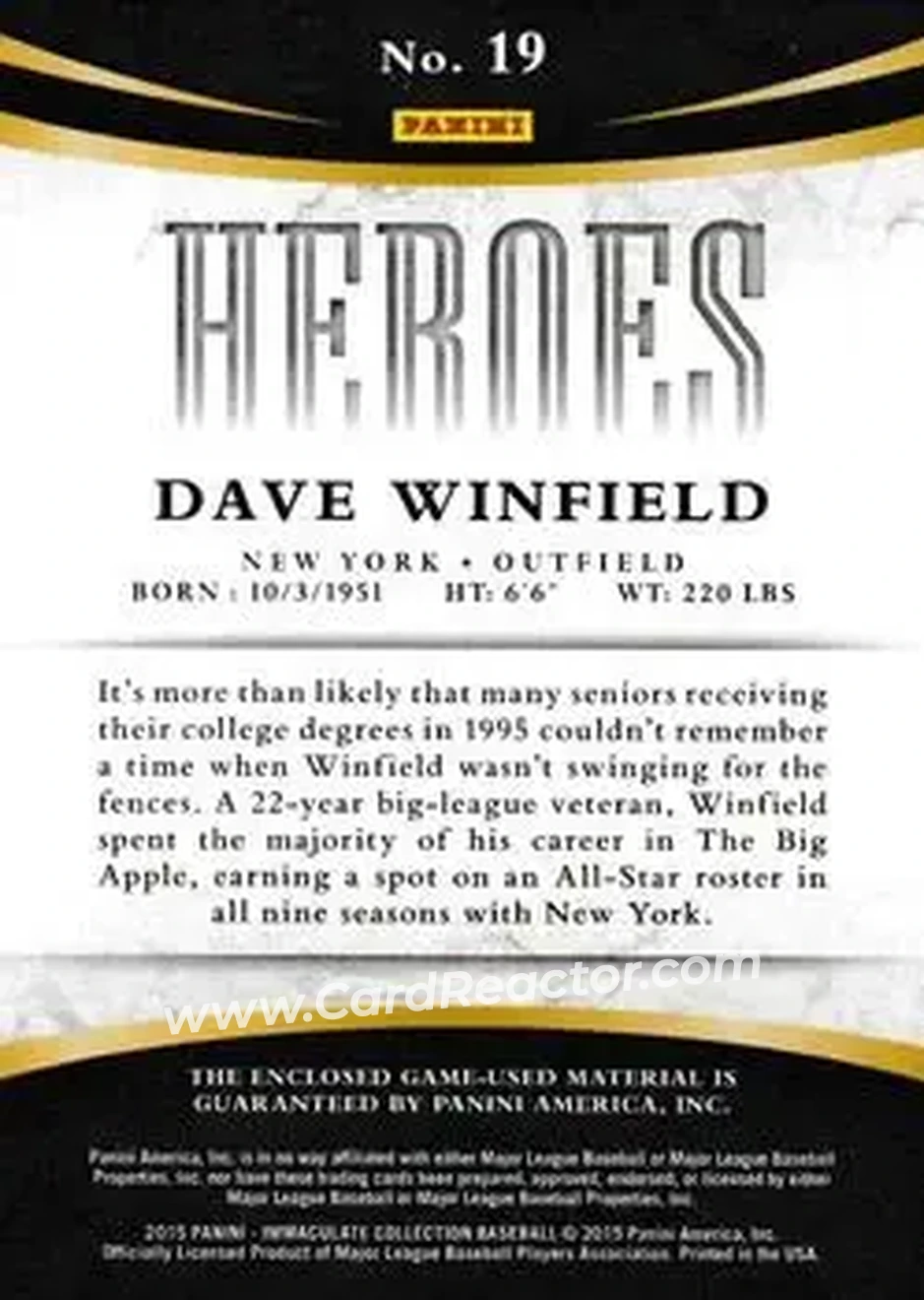 2015 Panini Immaculate Collection - Immaculate Heroes Materials #19 - Dave Winfield - New York Yankees - Back
