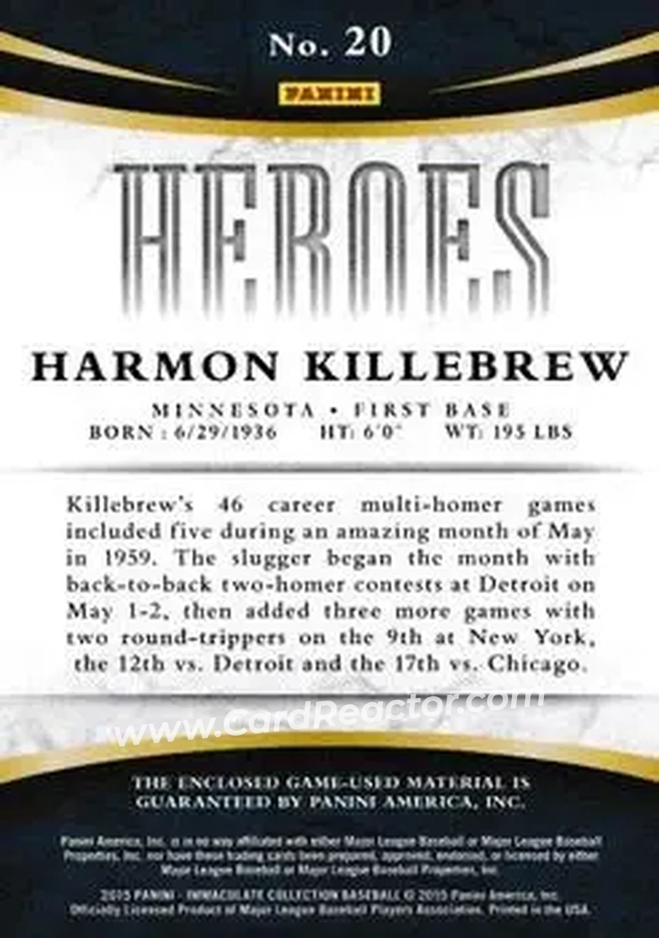 2015 Panini Immaculate Collection - Immaculate Heroes Materials #20 - Harmon Killebrew - Minnesota Twins - Back