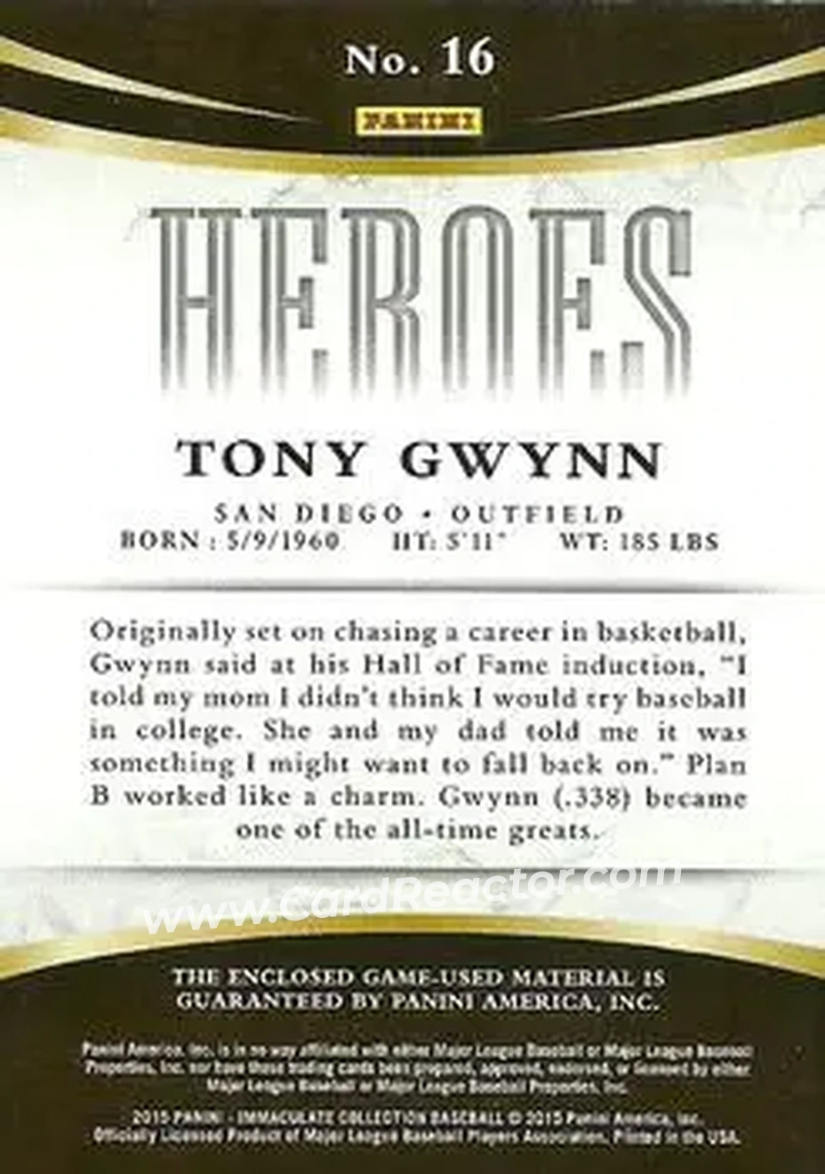 2015 Panini Immaculate Collection - Immaculate Heroes Materials Blue #16 - Tony Gwynn - San Diego Padres - Back