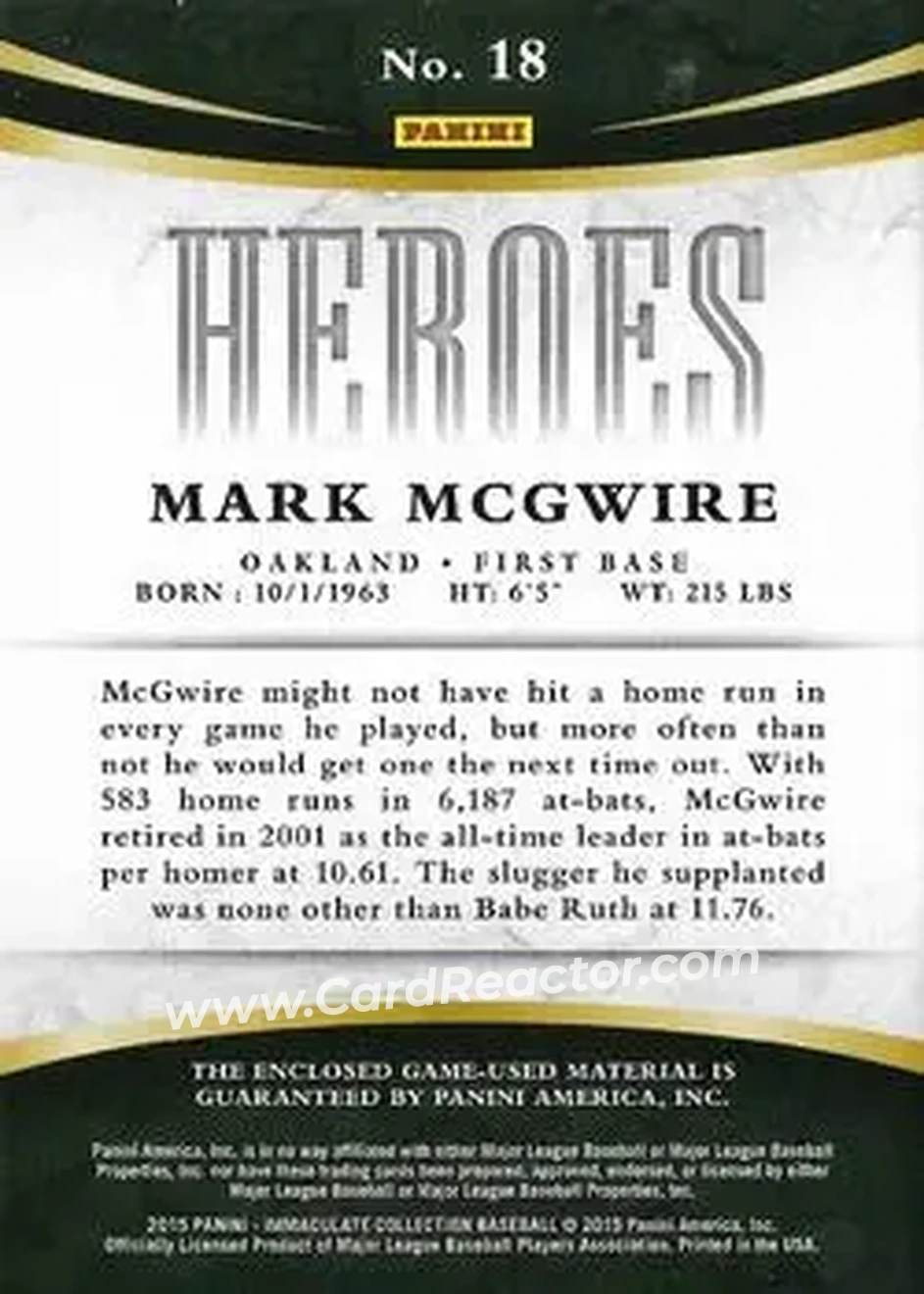 2015 Panini Immaculate Collection - Immaculate Heroes Materials Blue #18 - Mark McGwire - Oakland Athletics - Back