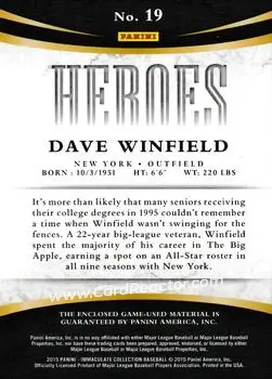 2015 Panini Immaculate Collection - Immaculate Heroes Materials Blue #19 - Dave Winfield - New York Yankees - Back