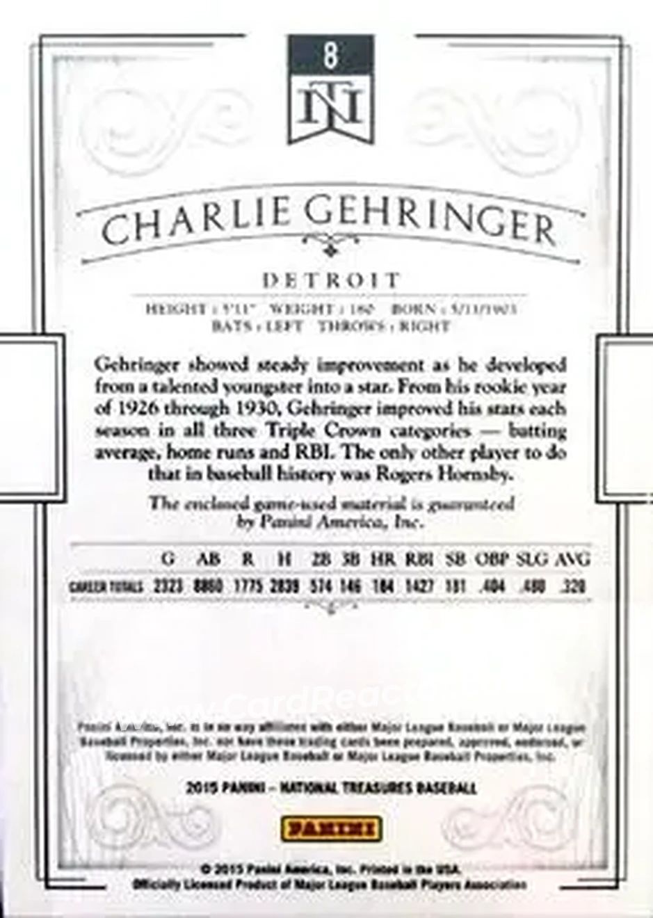 2015 Panini National Treasures #8 - Charlie Gehringer - Detroit Tigers - Back