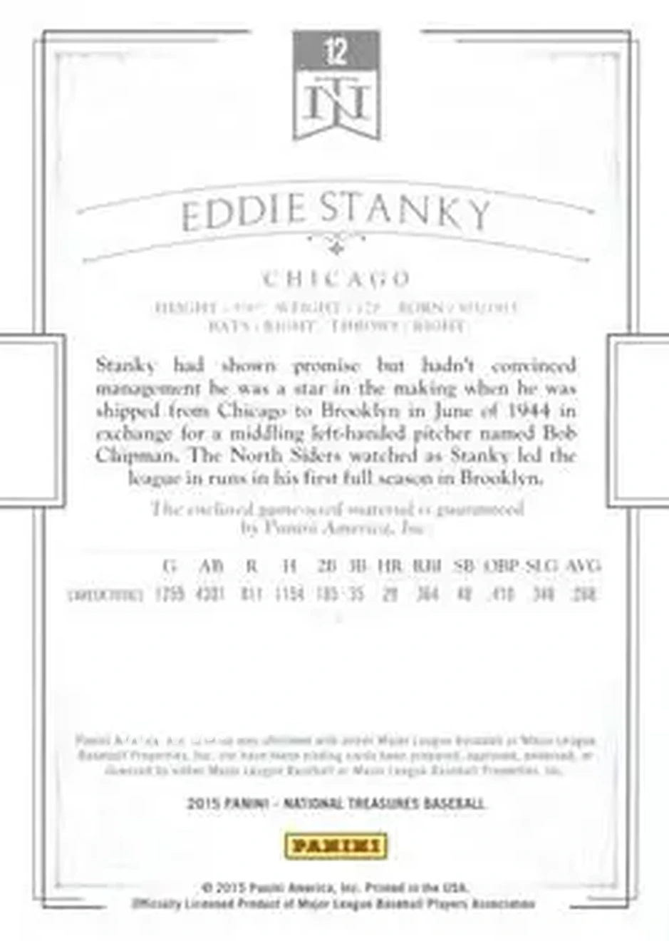2015 Panini National Treasures #12 - Ed Stanky - Chicago Cubs - Back