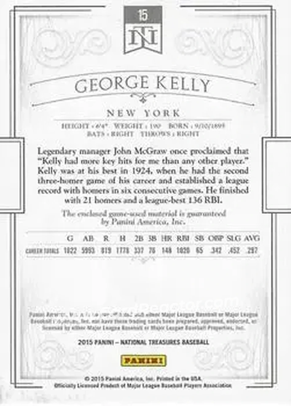 2015 Panini National Treasures #15 - George Kelly - New York Giants - Back