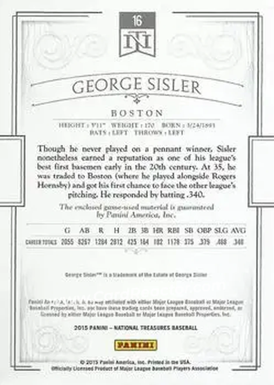 2015 Panini National Treasures #16 - George Sisler - Boston Braves - Back