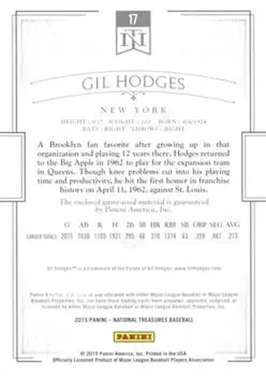 2015 Panini National Treasures #17 - Gil Hodges - New York Mets - Back