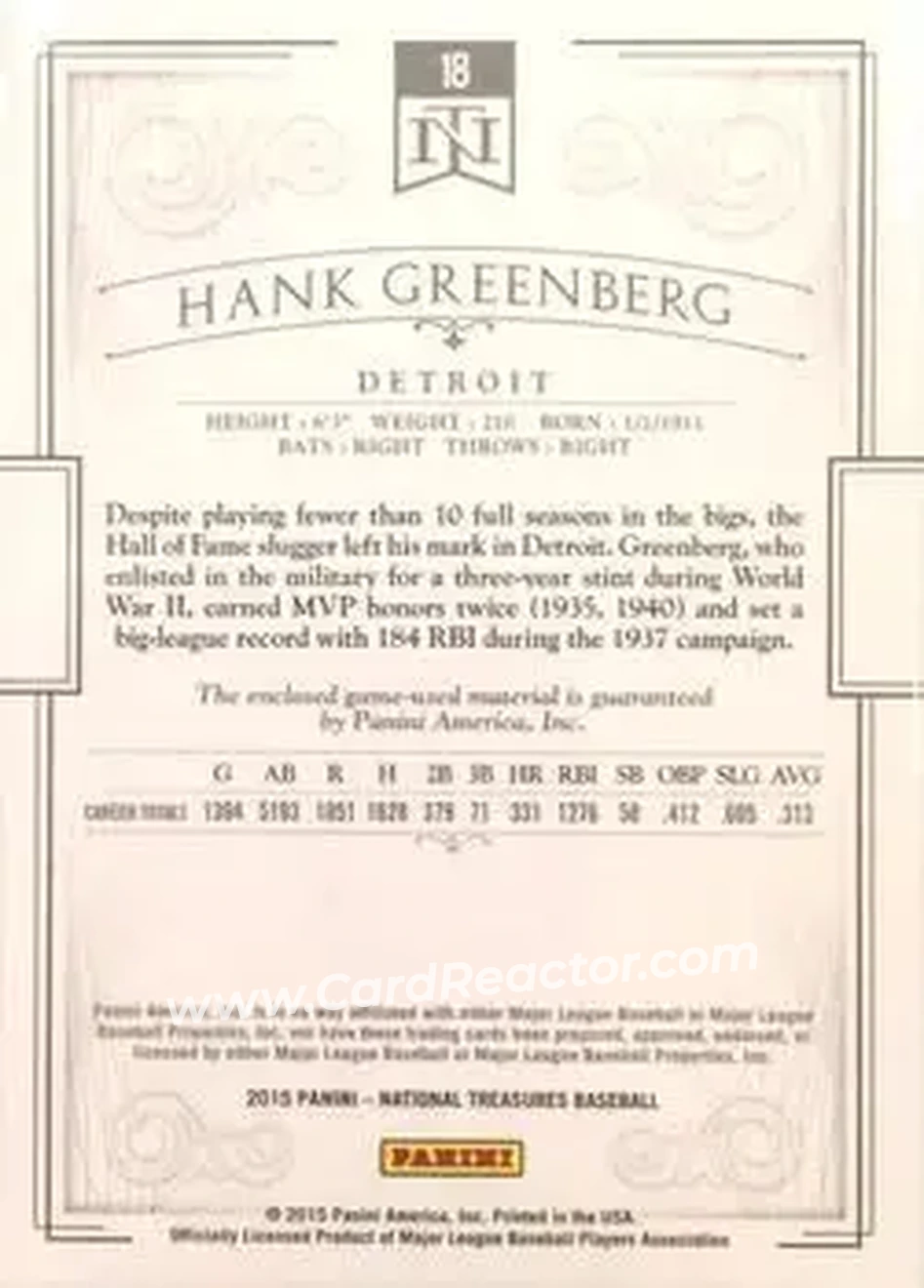 2015 Panini National Treasures #18 - Hank Greenberg - Detroit Tigers - Back