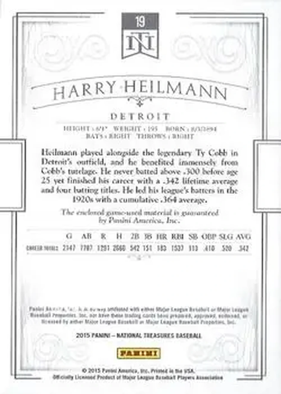 2015 Panini National Treasures #19 - Harry Heilmann - Detroit Tigers - Back
