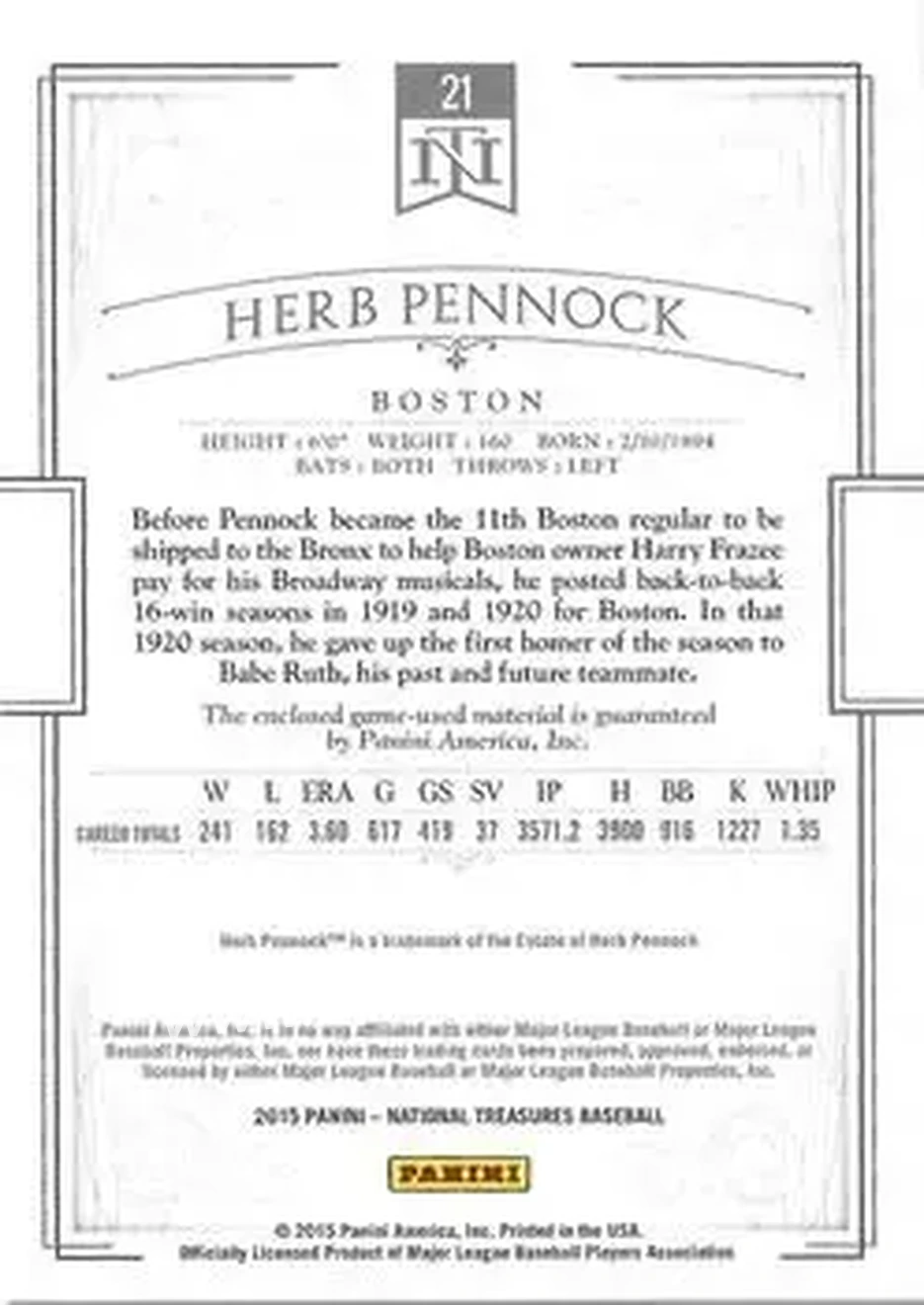 2015 Panini National Treasures #21 - Herb Pennock - Boston Red Sox - Back