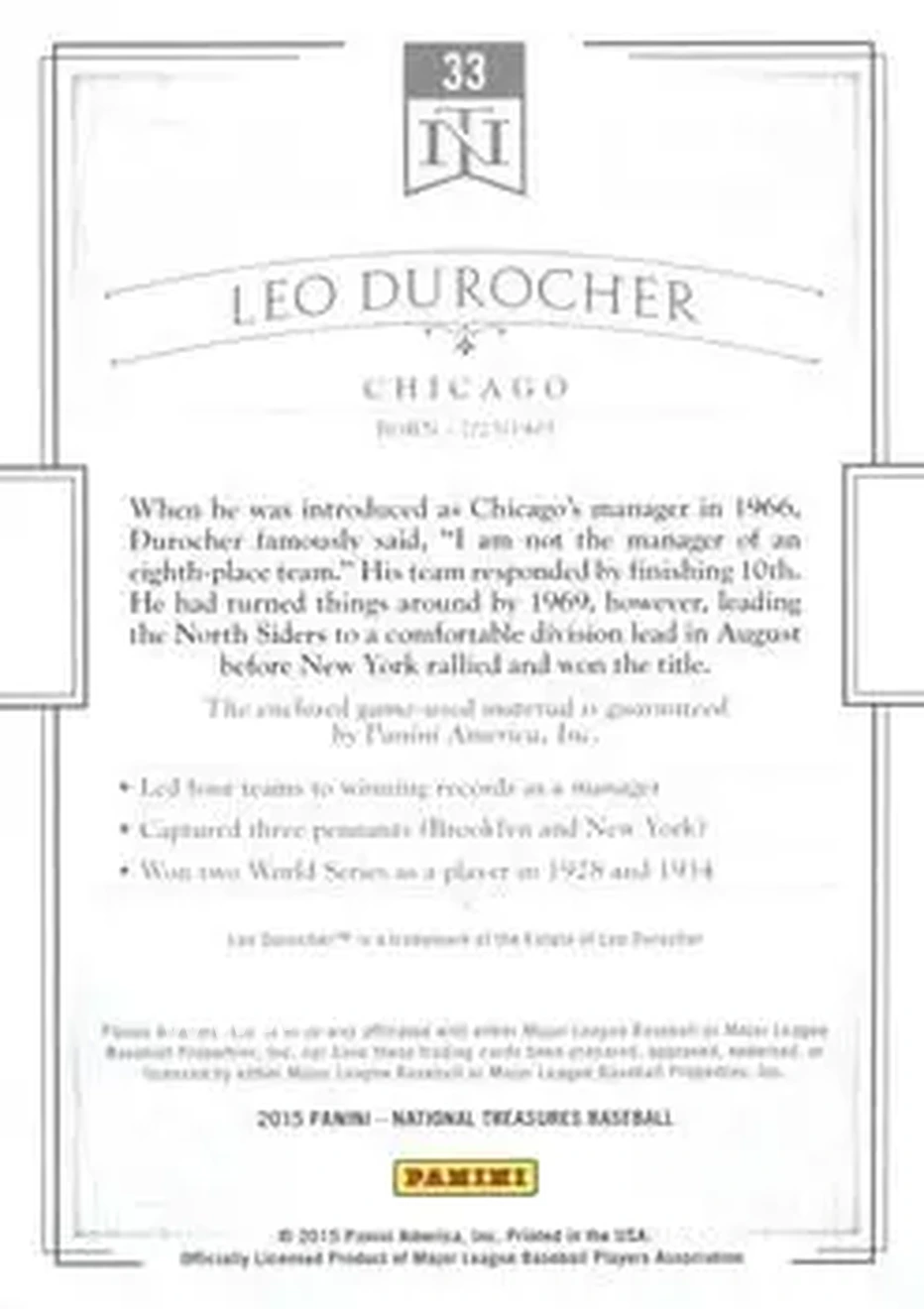2015 Panini National Treasures #33 - Leo Durocher - Chicago Cubs - Back