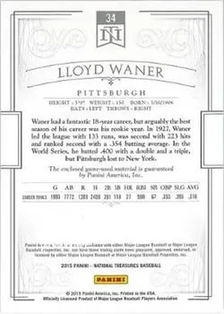 2015 Panini National Treasures #34 - Lloyd Waner - Pittsburgh Pirates - Back 2015 Panini National Treasures #34 - Lloyd Waner - Pittsburgh Pirates - Back