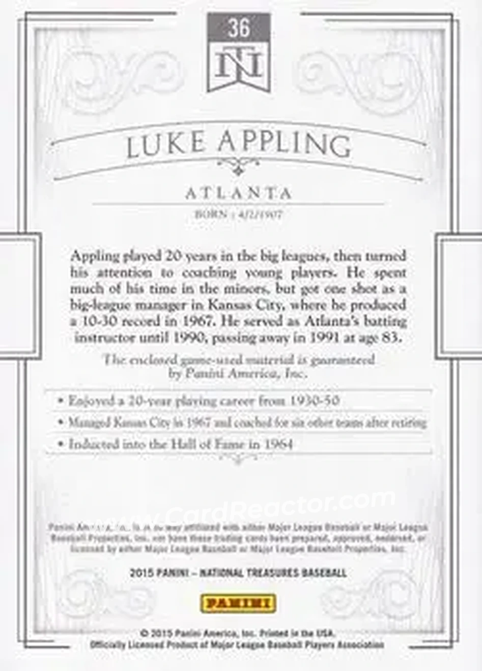 2015 Panini National Treasures #36 - Luke Appling - Atlanta Braves - Back