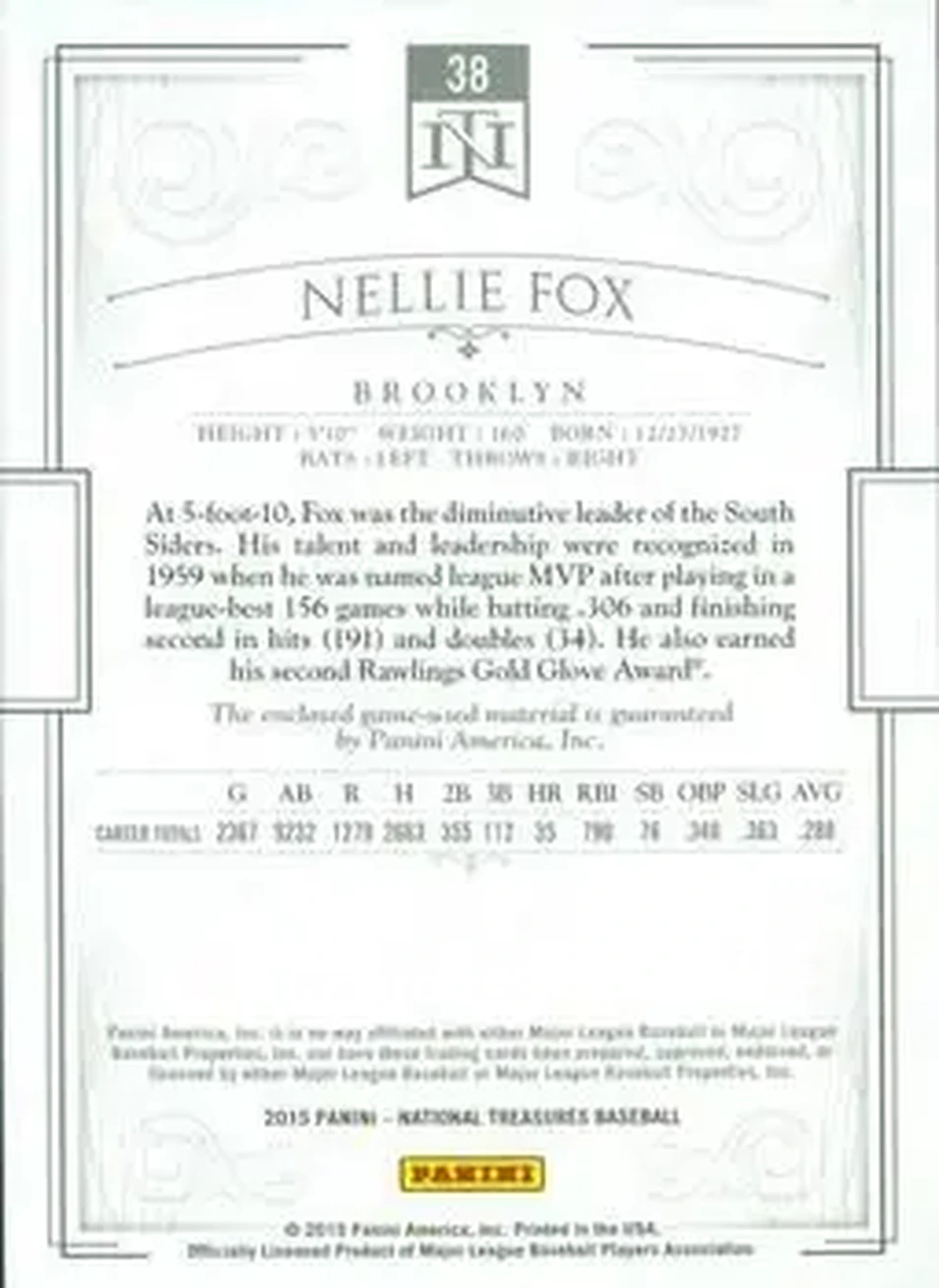 2015 Panini National Treasures #38 - Nelson Fox - Chicago White Sox - Back