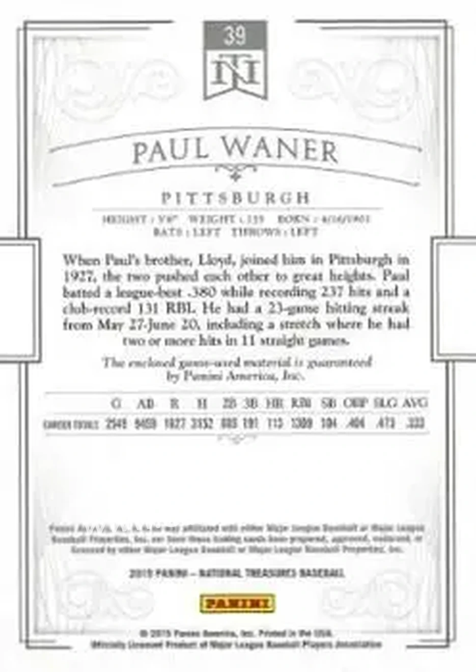 2015 Panini National Treasures #39 - Paul Waner - Pittsburgh Pirates - Back