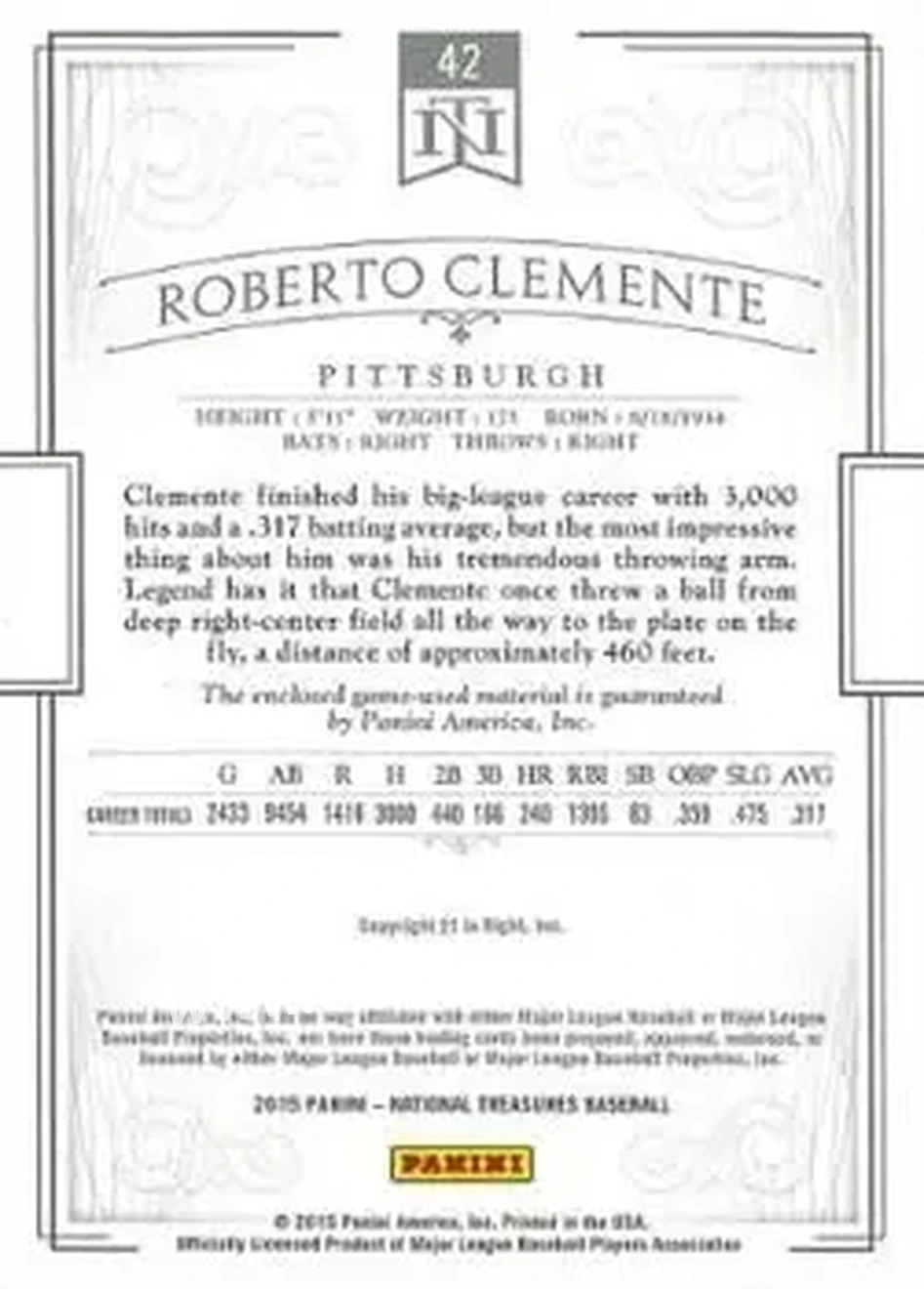 2015 Panini National Treasures #42 - Bob Clemente - Pittsburgh Pirates - Back 2015 Panini National Treasures #42 - Bob Clemente - Pittsburgh Pirates - Back