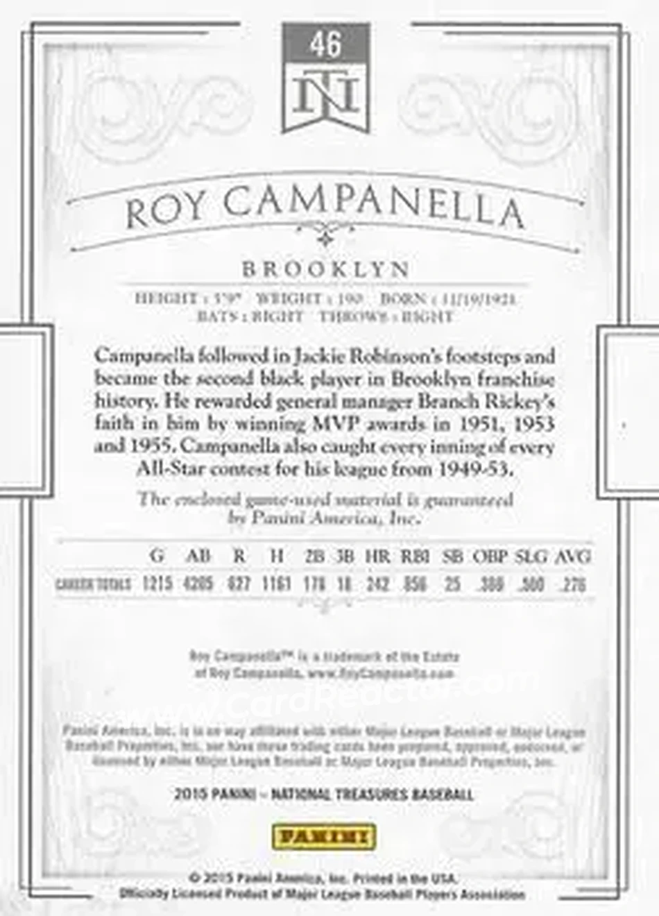 2015 Panini National Treasures #46 - Roy Campanella - Brooklyn Dodgers - Back