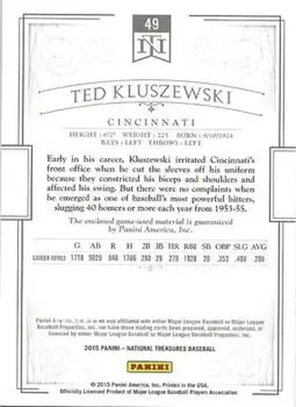 2015 Panini National Treasures #49 - Ted Kluszewski - Cincinnati Reds - Back