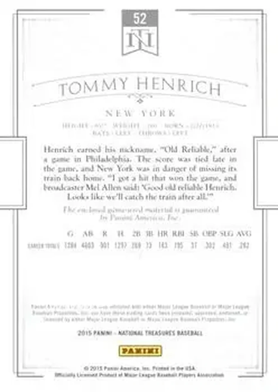 2015 Panini National Treasures #52 - Tommy Henrich - New York Yankees - Back