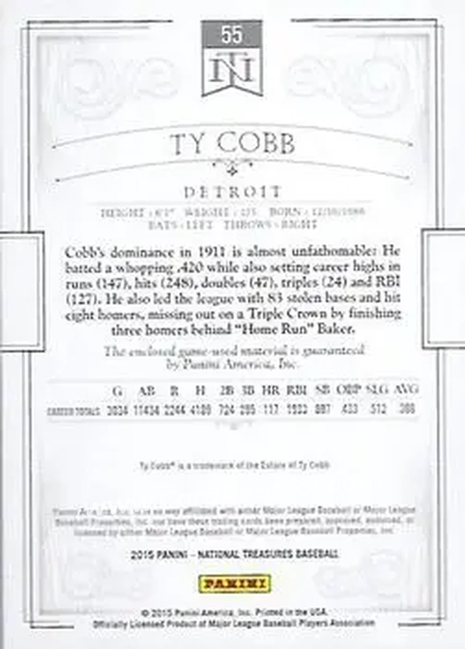 2015 Panini National Treasures #55 - Ty Cobb - Detroit Tigers - Back