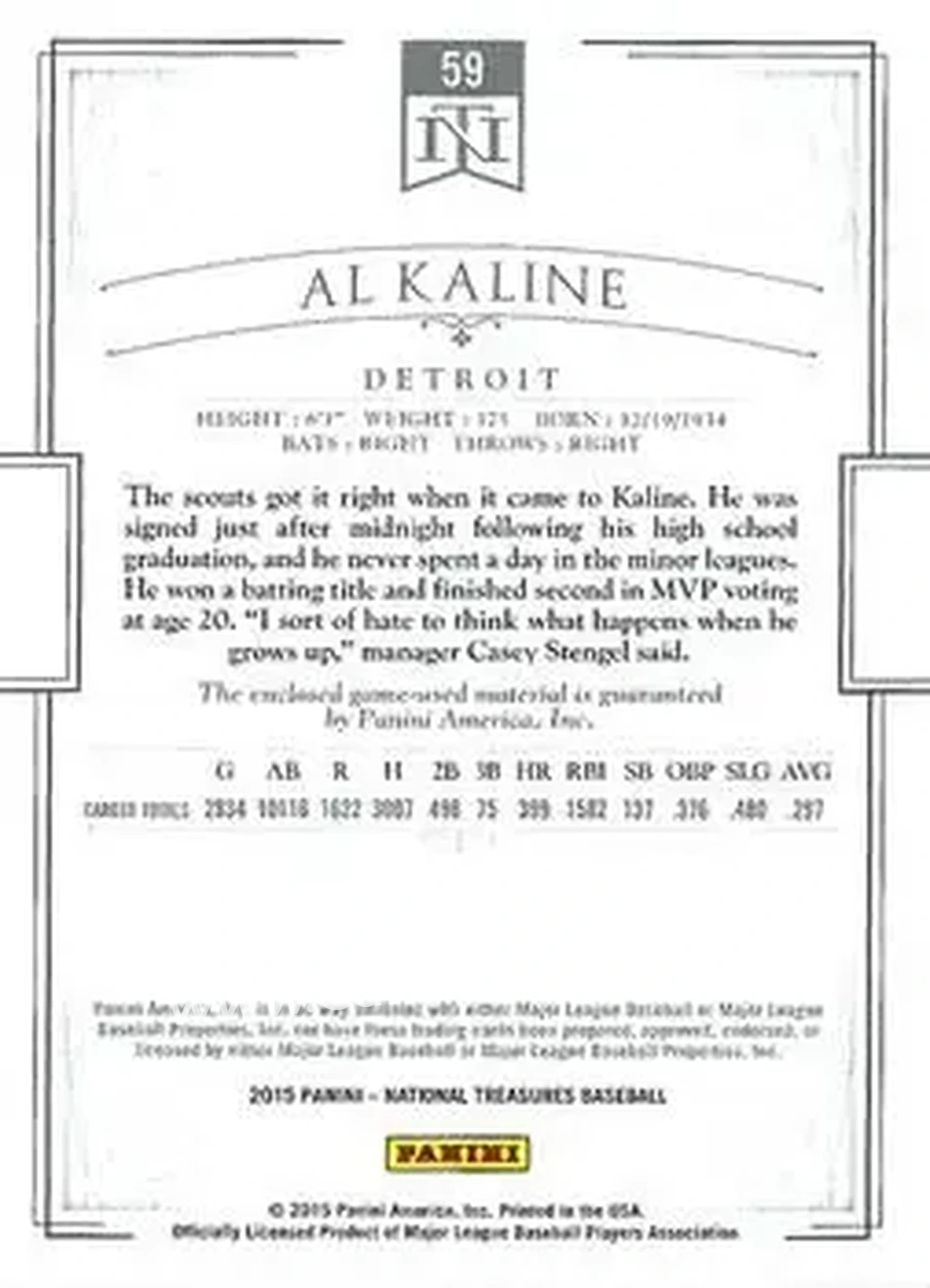 2015 Panini National Treasures #59 - Al Kaline - Detroit Tigers - Back