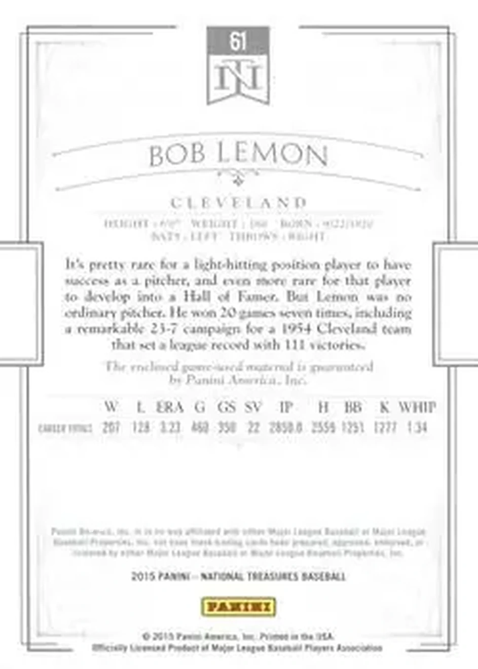 2015 Panini National Treasures #61 - Bob Lemon - Cleveland Indians - Back