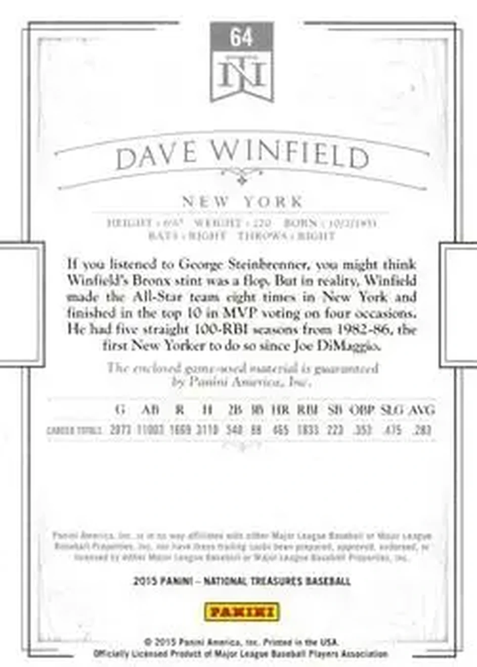 2015 Panini National Treasures #64 - Dave Winfield - New York Yankees - Back