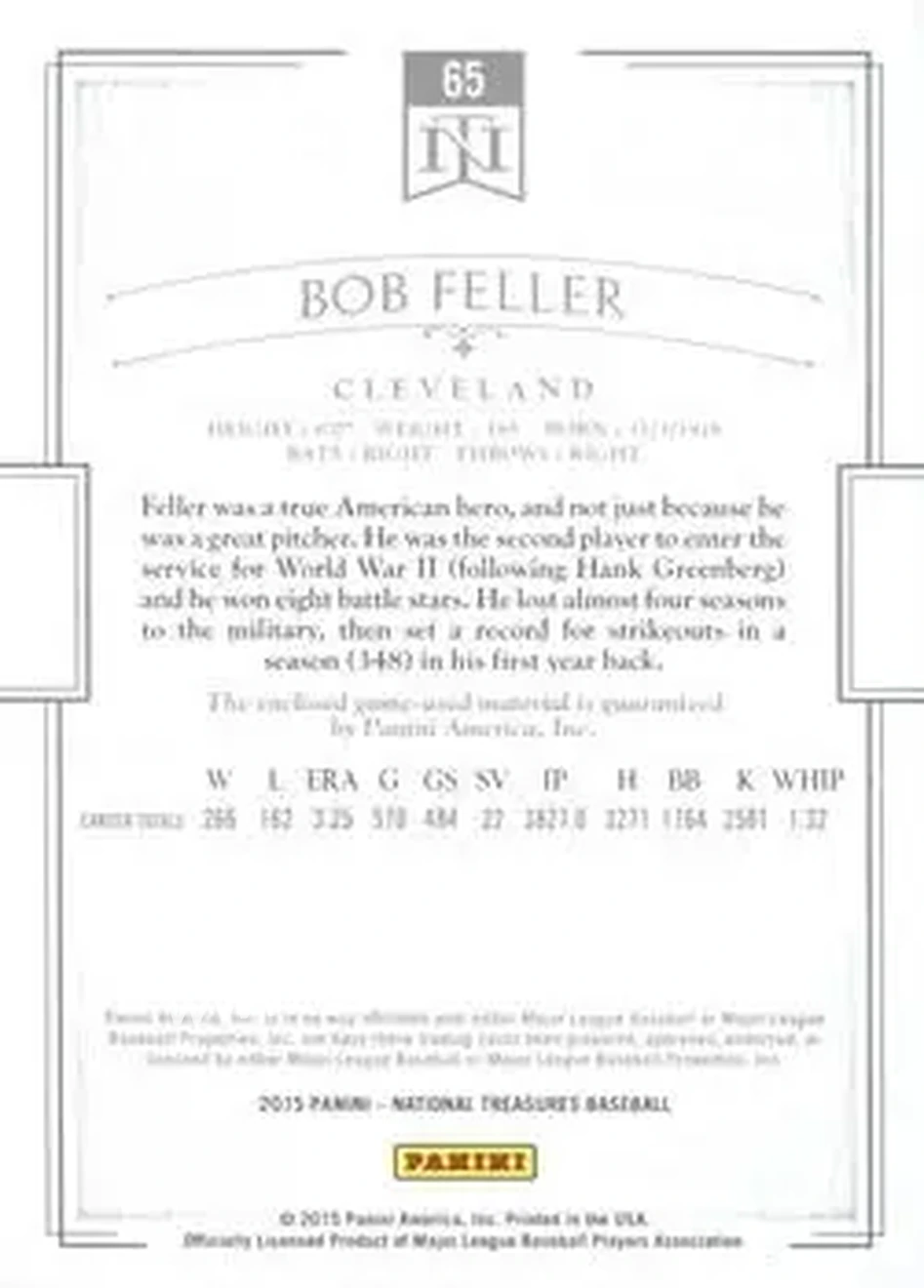 2015 Panini National Treasures #65 - Bob Feller - Cleveland Indians - Back