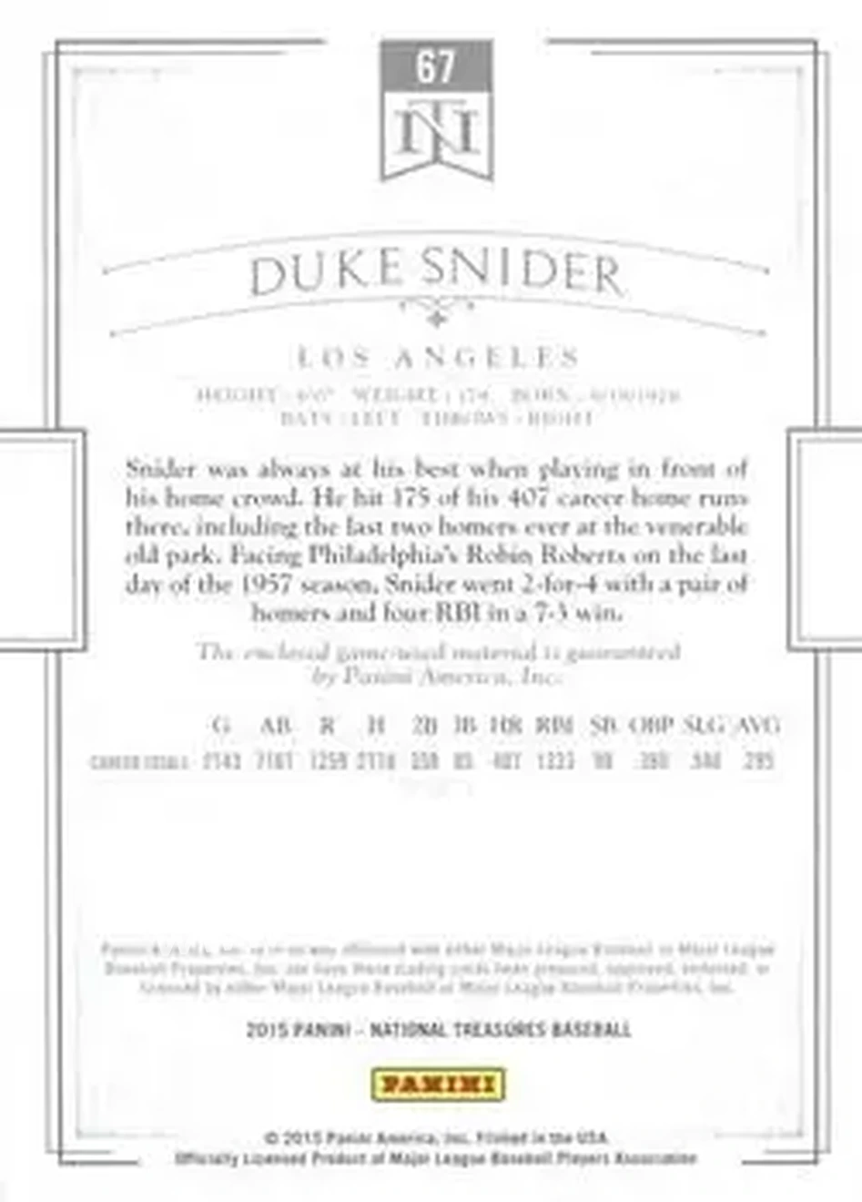 2015 Panini National Treasures #67 - Edwin "Duke" Snider - Los Angeles Dodgers - Back 2015 Panini National Treasures #67 - Edwin "Duke" Snider - Los Angeles Dodgers - Back