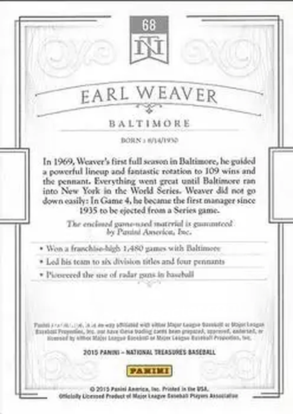 2015 Panini National Treasures #68 - Earl Weaver - Baltimore Orioles - Back