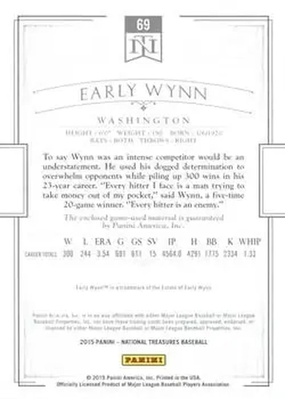 2015 Panini National Treasures #69 - Early Wynn - Washington Senators - Back