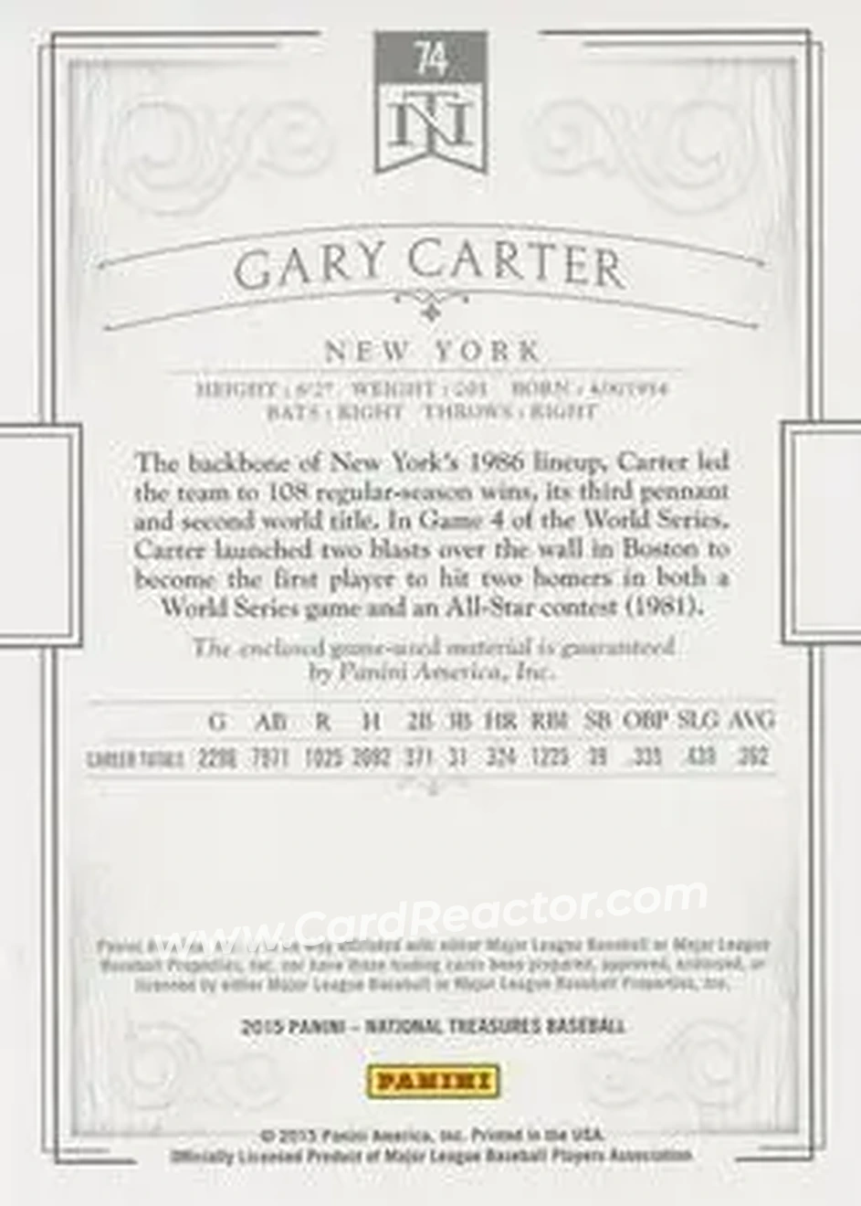 2015 Panini National Treasures #74 - Gary Carter - New York Mets - Back 2015 Panini National Treasures #74 - Gary Carter - New York Mets - Back