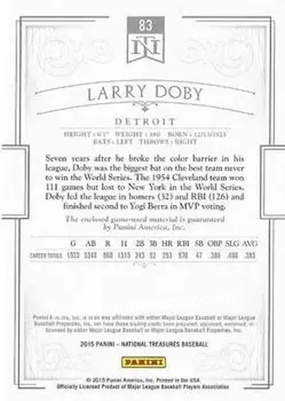 2015 Panini National Treasures #83 - Larry Doby - Detroit Tigers - Back