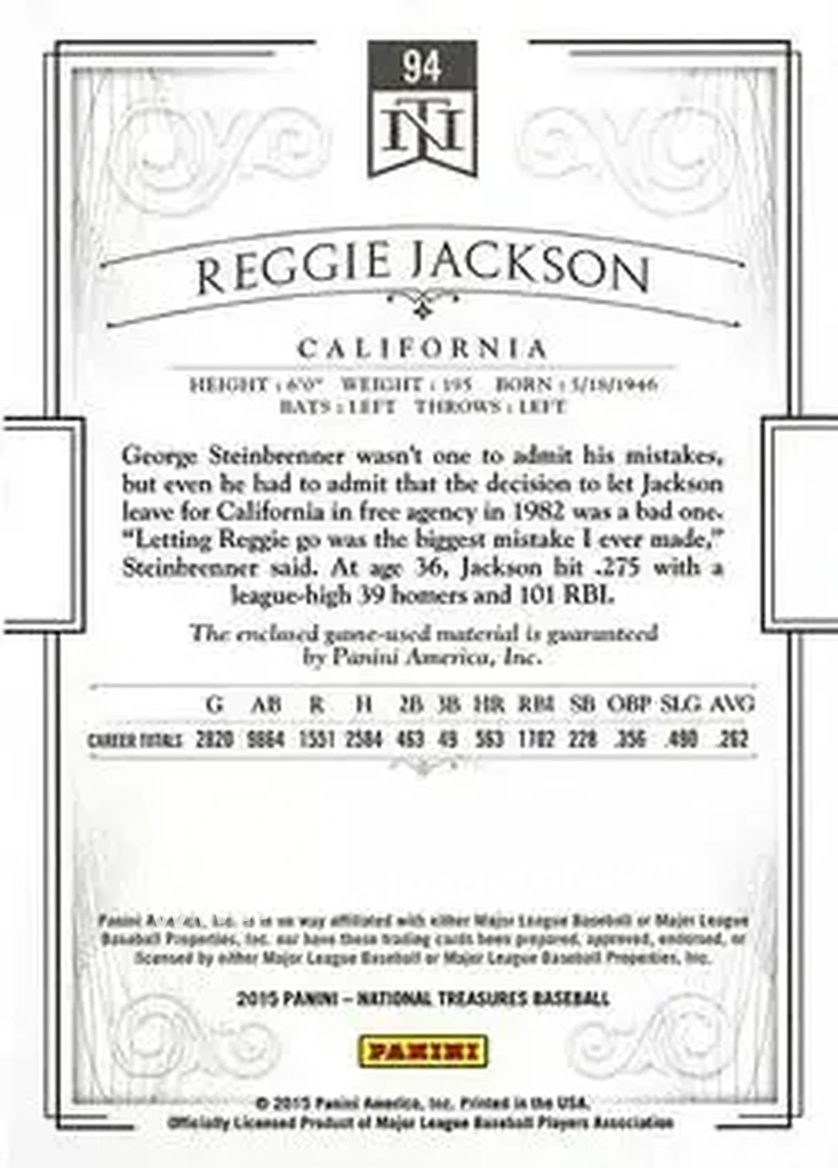 2015 Panini National Treasures #94 - Reggie Jackson (b.1946 OF) - California Angels - Back