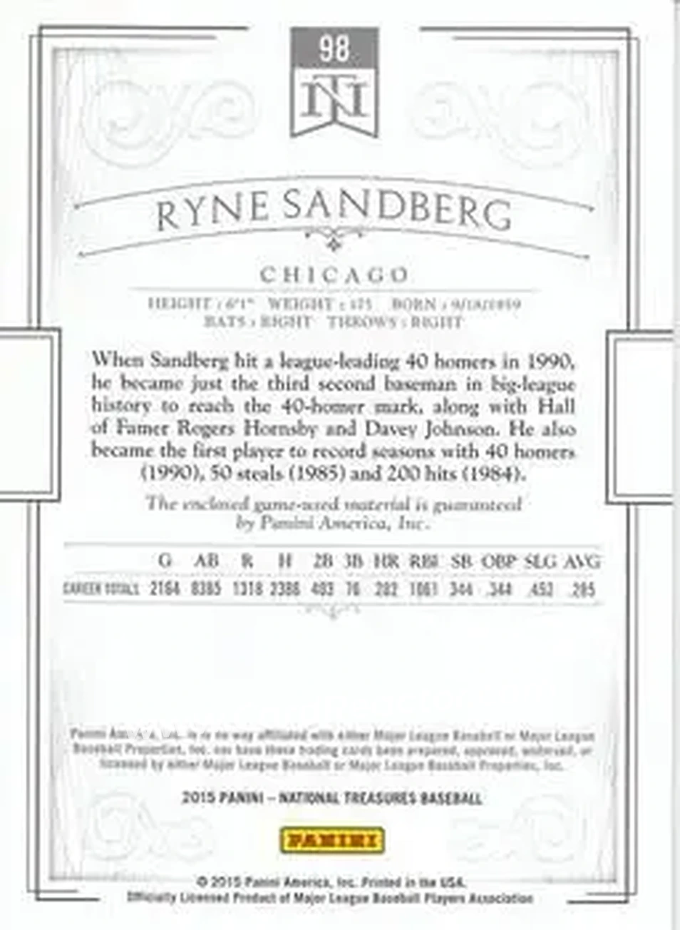 2015 Panini National Treasures #98 - Ryne Sandberg - Chicago Cubs - Back