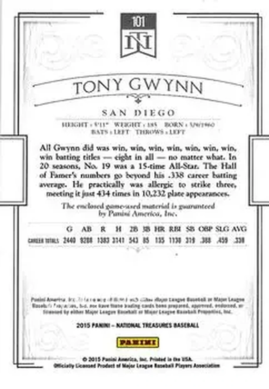 2015 Panini National Treasures #101 - Tony Gwynn - San Diego Padres - Back