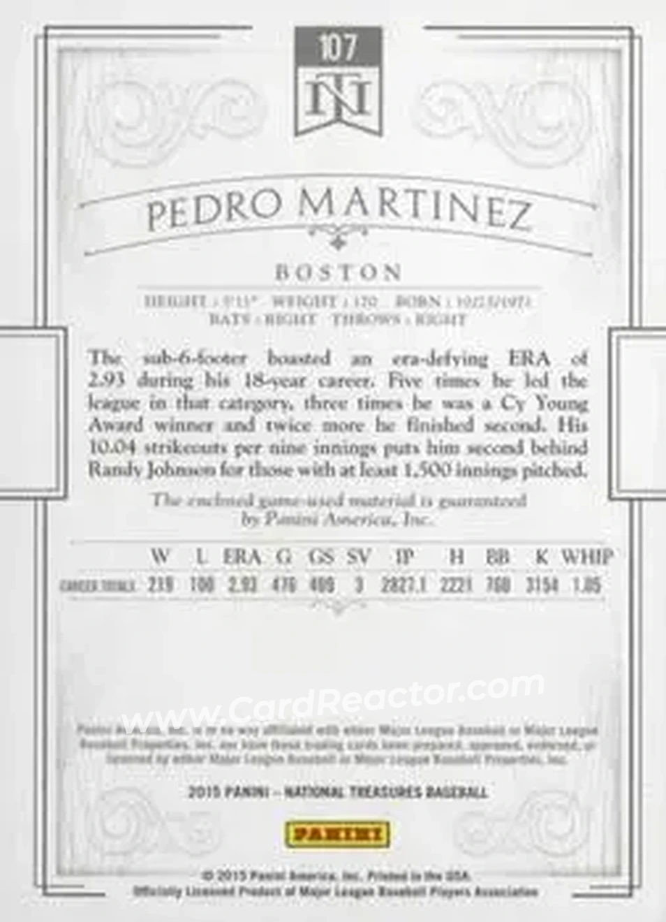 2015 Panini National Treasures #107 - Pedro Martinez - Boston Red Sox - Back