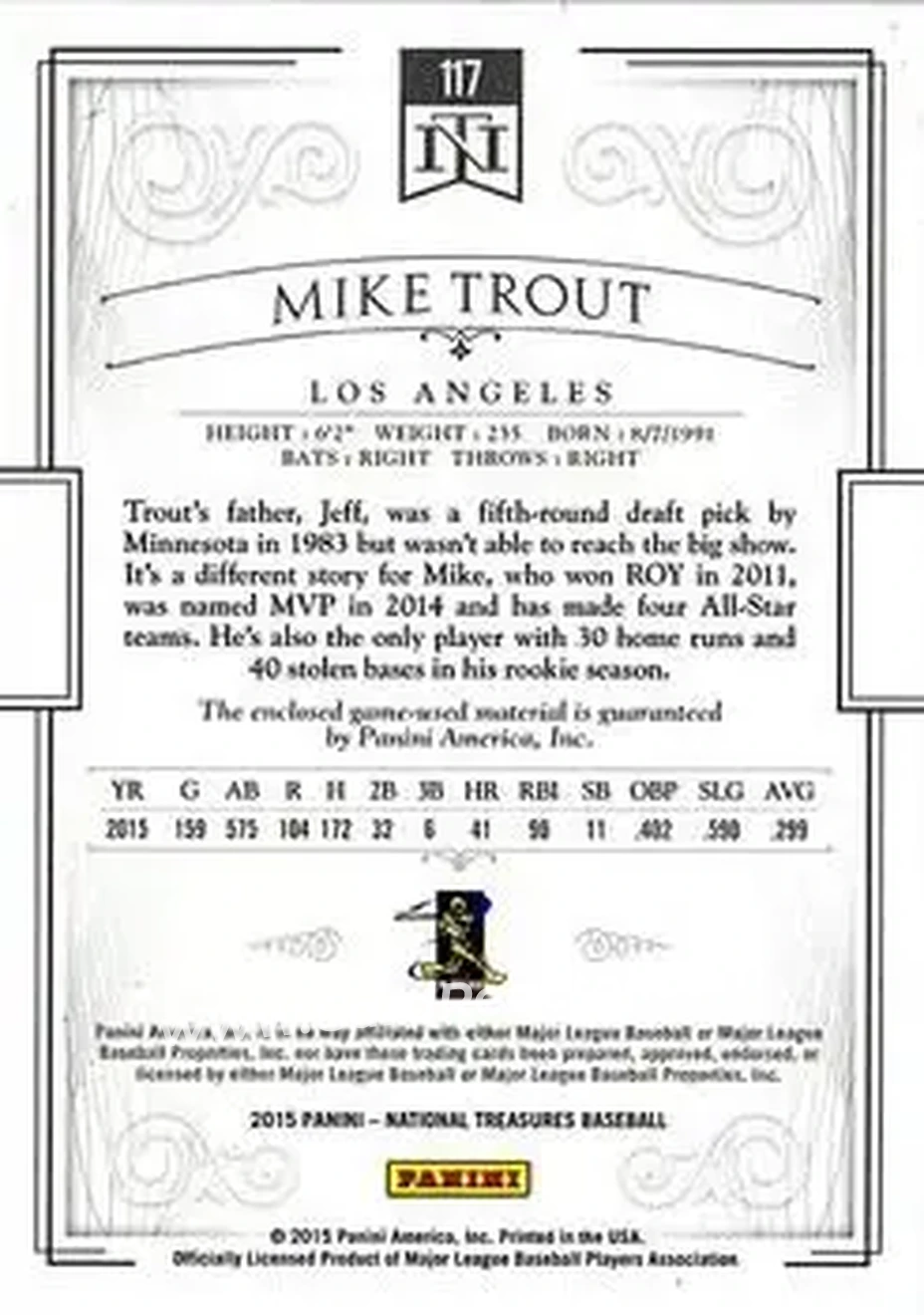 2015 Panini National Treasures #117 - Mike Trout - Los Angeles Angels - Back