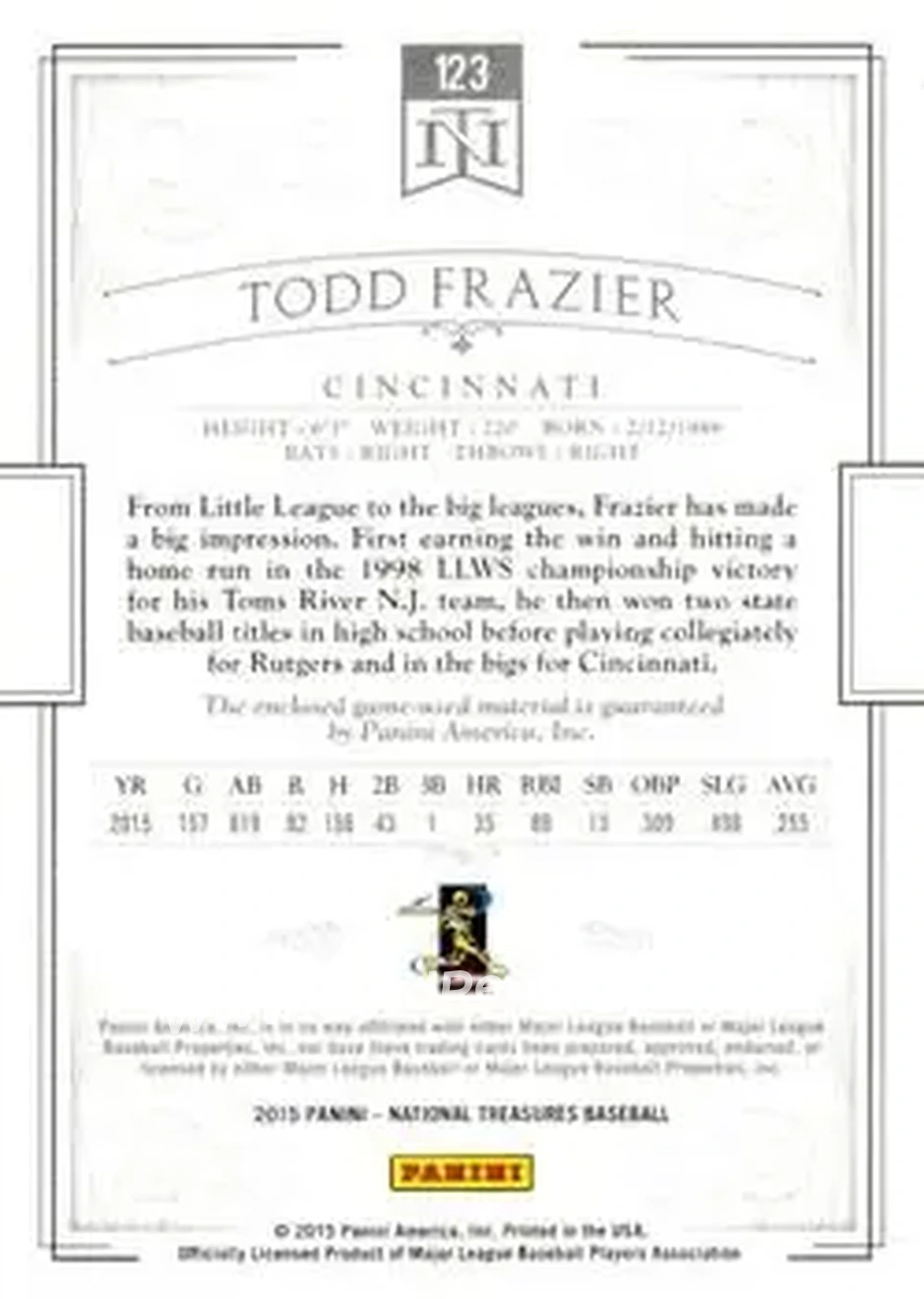 2015 Panini National Treasures #123 - Todd Frazier - Cincinnati Reds - Back