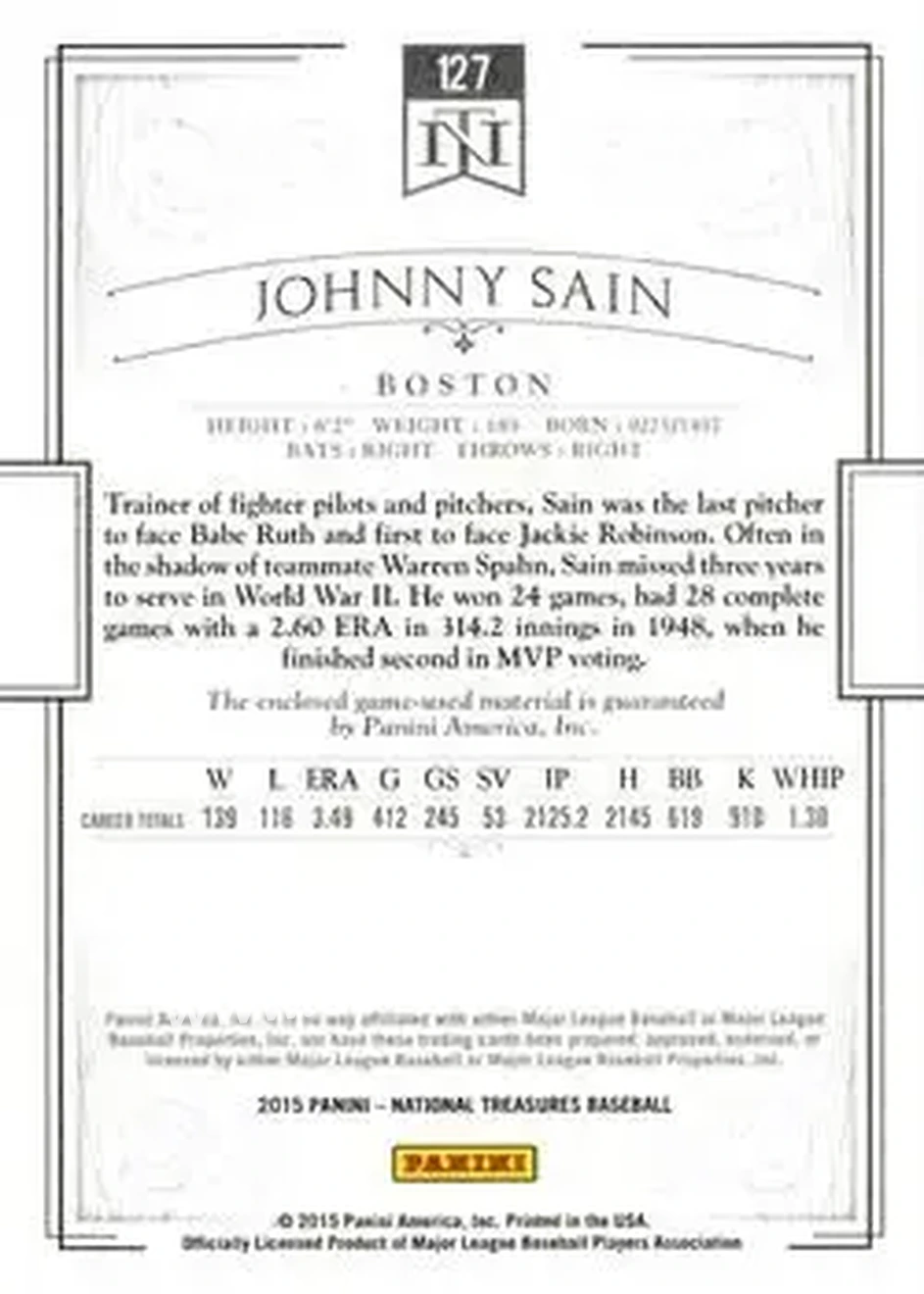 2015 Panini National Treasures #127 - Johnny Sain - Boston Braves - Back