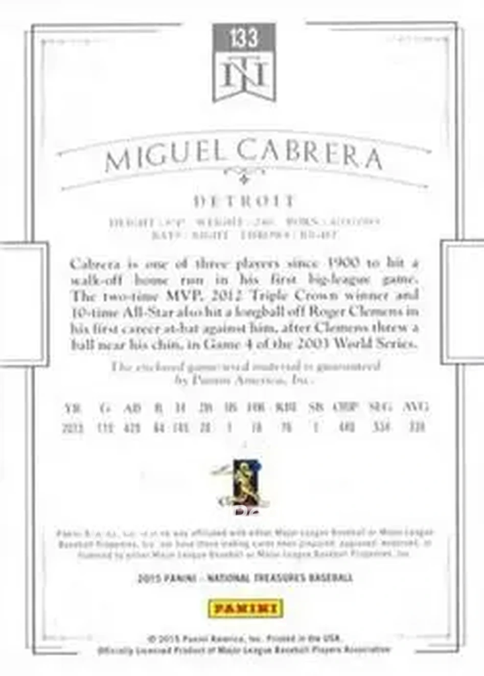 2015 Panini National Treasures #133 - Miguel Cabrera - Detroit Tigers - Back