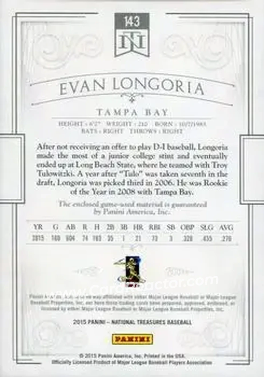 2015 Panini National Treasures #143 - Evan Longoria - Tampa Bay Rays - Back
