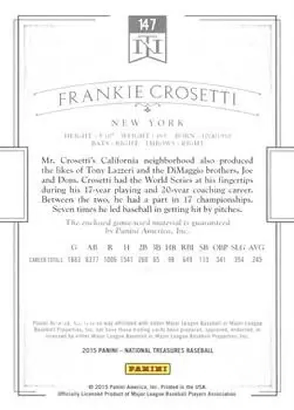 2015 Panini National Treasures #147 - Frankie Crosetti - New York Yankees - Back