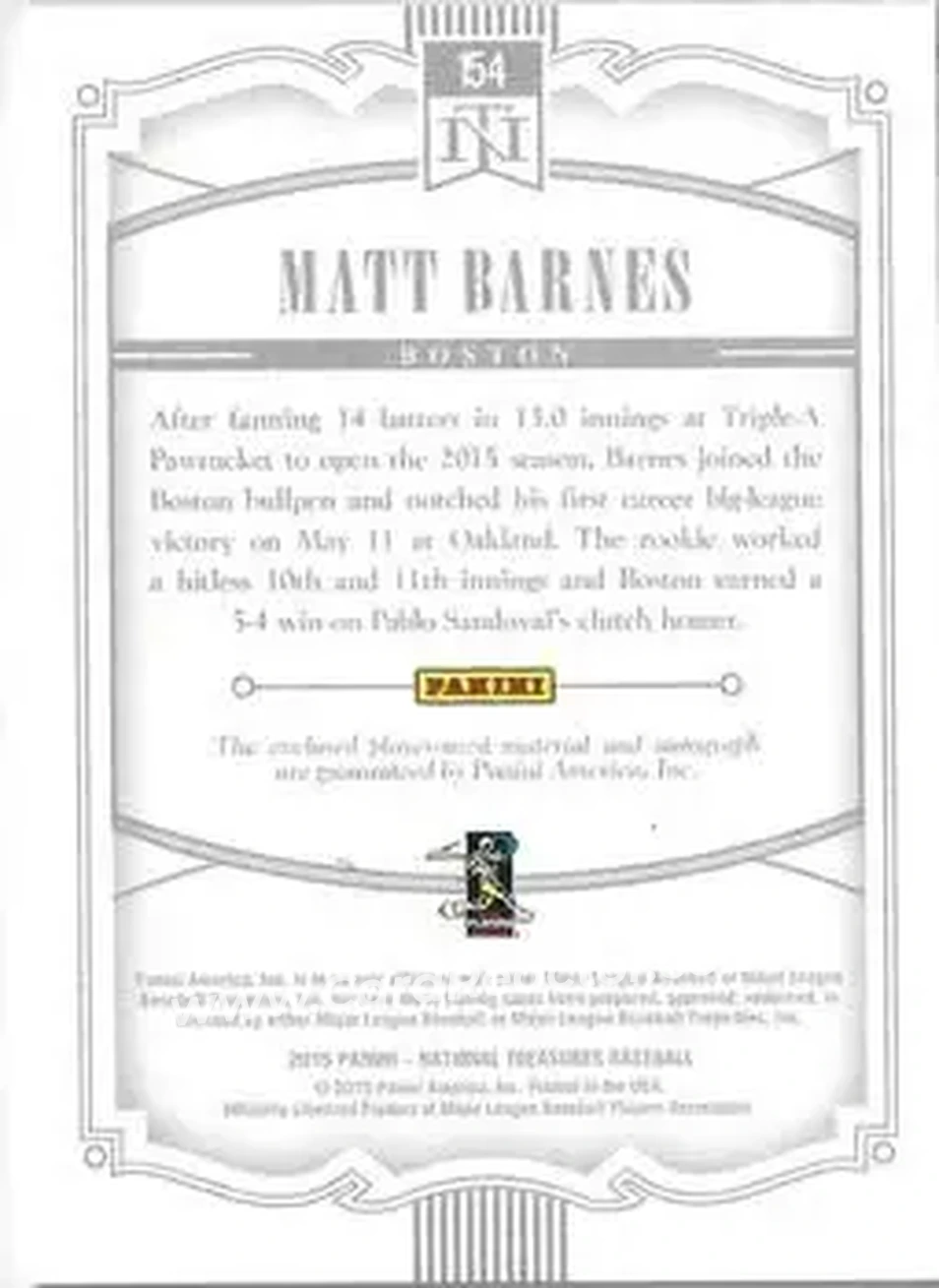 2015 Panini National Treasures #154 - Matt Barnes - Boston Red Sox - Back