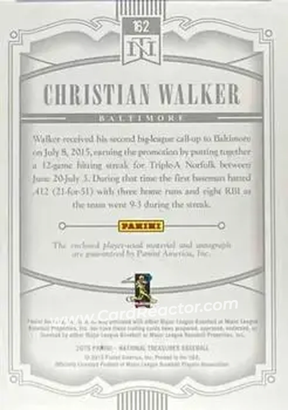 2015 Panini National Treasures #162 - Christian Walker - Baltimore Orioles - Back