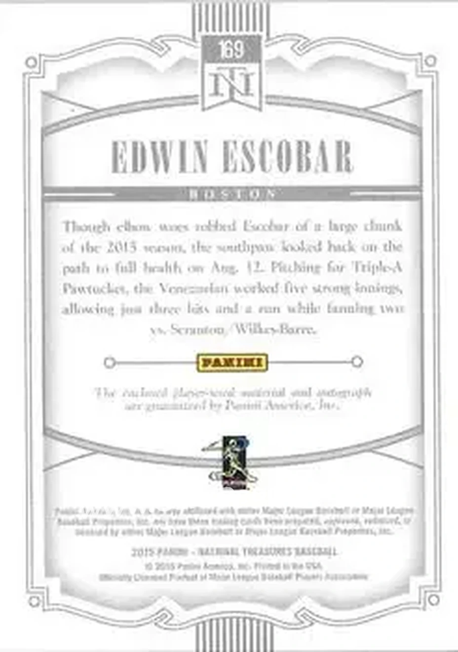 2015 Panini National Treasures #169 - Edwin Escobar - Boston Red Sox - Back