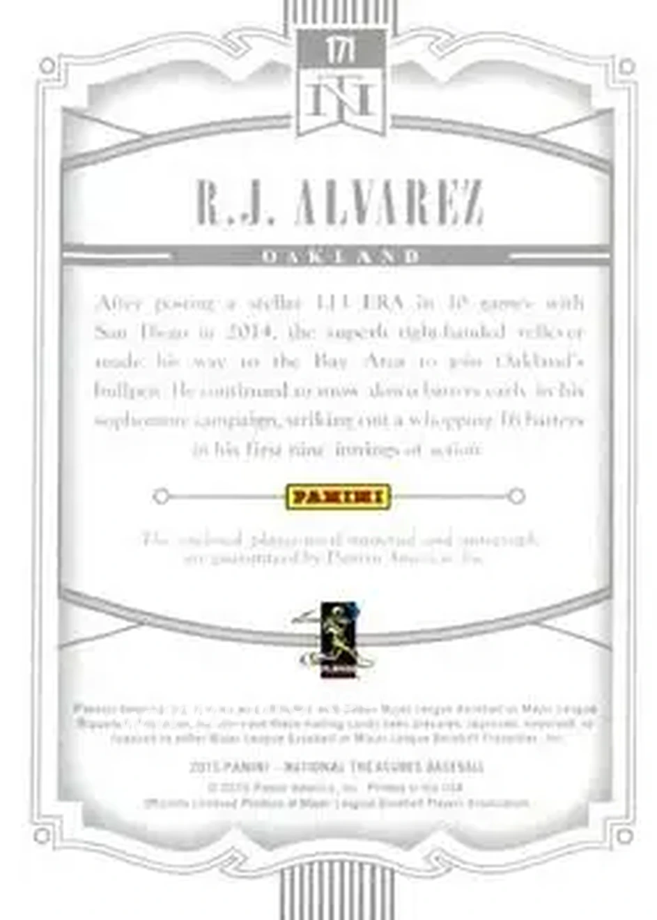 2015 Panini National Treasures #171 - R.J. Alvarez - Oakland Athletics - Back