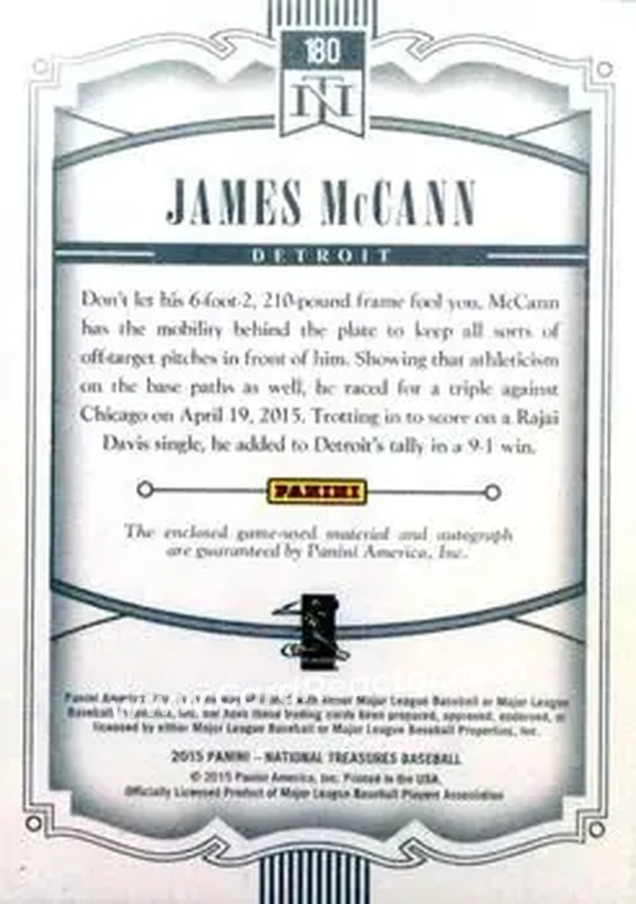 2015 Panini National Treasures #180 - James McCann - Detroit Tigers - Back