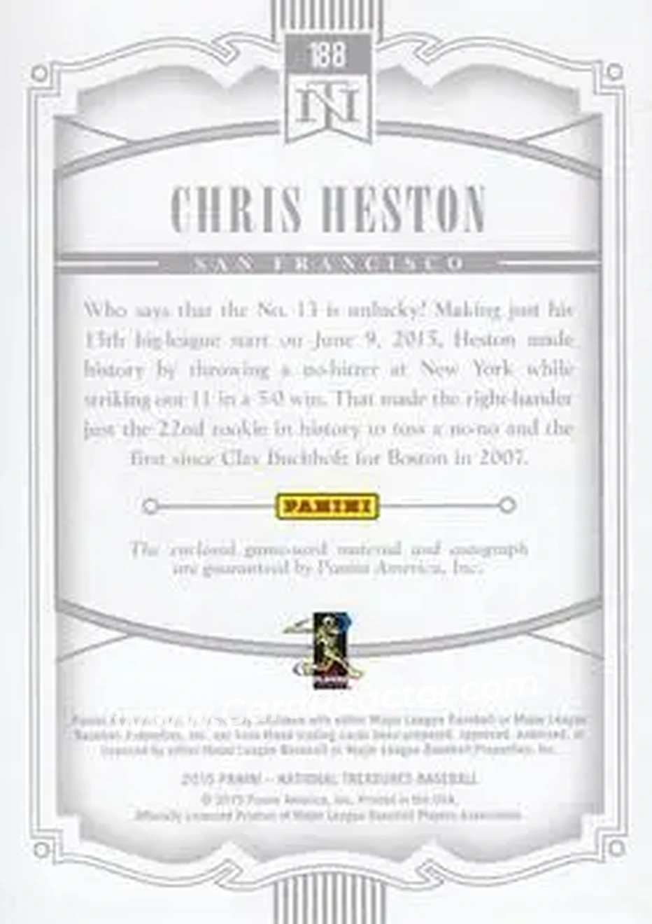 2015 Panini National Treasures #188 - Chris Heston - San Francisco Giants - Back
